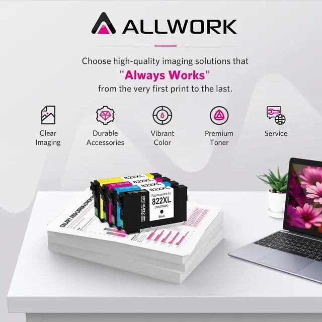 Alt view image 2 of 6 - ALLWORK New Version Remanufactured 822XL Ink Cartridges Replacement for Epson T822XL 822 T822 Ink for Workforce Pro WF-3820 WF-4820 WF-4830 WF-4833 WF-4834, Black Cyan Magenta Yellow 4-Pack