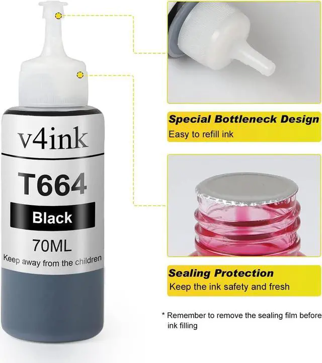 Alt view image 3 of 6 - v4ink Compatible 664 XL Refill Ink Bottle Replacement for 664 XL T664 for Use with Epson EcoTank ET-2500 ET-2650 ET-4500 L210 L310 L120 L485 L350 Printer T664120 T664220 T664320 T664420-5 Bottles
