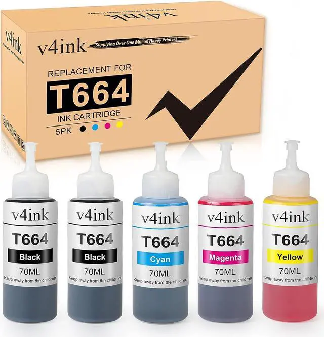 Main image of v4ink Compatible 664 XL Refill Ink Bottle Replacement for 664 XL T664 for Use with Epson EcoTank ET-2500 ET-2650 ET-4500 L210 L310 L120 L485 L350 Printer T664120 T664220 T664320 T664420-5 Bottles