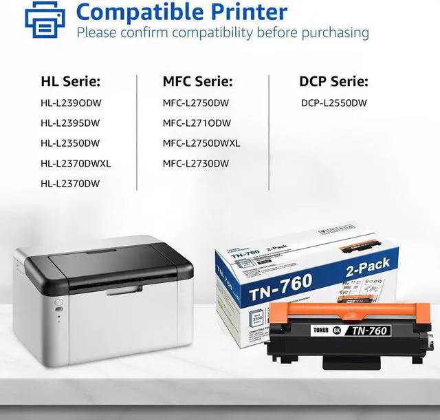 Alt view image 2 of 6 - 2PK TN760 HIGH YIELD Toner Cartridge for Brother TN-730 HL-L2370DW L2390DW printer