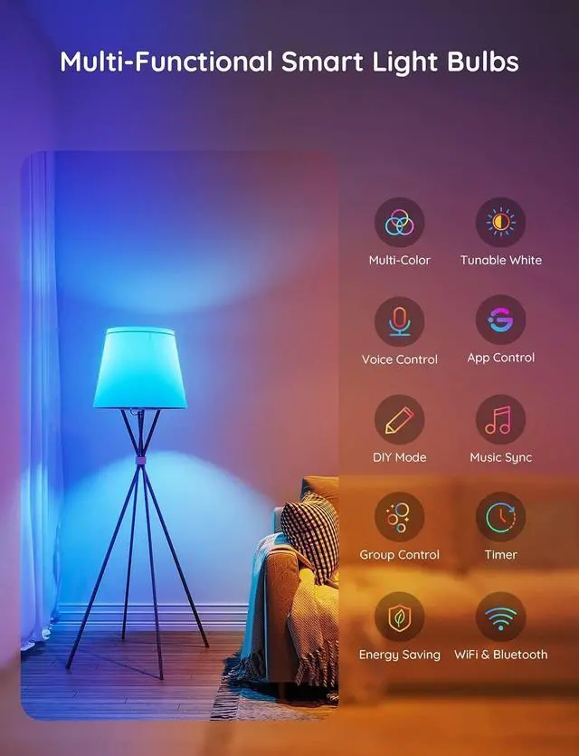Alt view image 7 of 8 - Govee Smart Light Bulbs, WiFi Bluetooth Color Changing Light Bulbs, Music Sync, 54 Dynamic Scenes, 16 Million DIY Color RGB Light Bulbs, Work with Alexa, Google Assistant & Govee Home App, 4 Pack