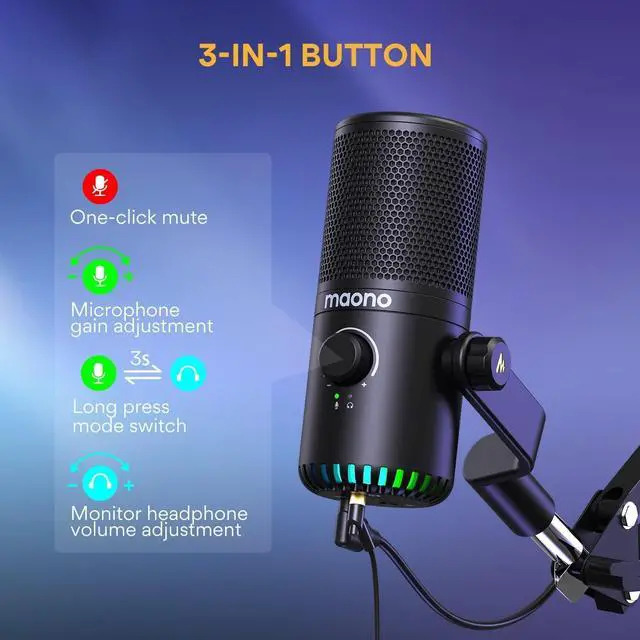Alt view image 5 of 7 - MAONO USB Gaming Microphone for PC Programmable Condenser Mic with RGB Light Mute Gain Monitoring Volume Control for Streaming Podcast Twitch YouTube Discord Computer Mac PS5 DM30 (Black)
