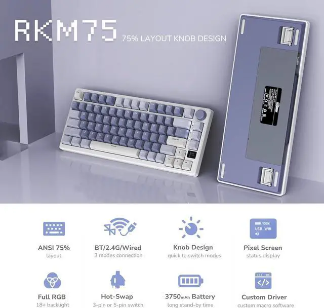Alt view image 6 of 7 - RK ROYAL KLUDGE M75 Mechanical Keyboard 2.4GHz/Bluetooth/USB-C Wired Gaming Keyboard 75% Layout 81 Keys Gasket Mounted with OLED Smart Display & Knob, RGB Backlight Hot-Swappable Red Switch