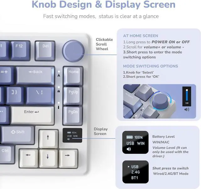 Alt view image 3 of 7 - RK ROYAL KLUDGE M75 Mechanical Keyboard 2.4GHz/Bluetooth/USB-C Wired Gaming Keyboard 75% Layout 81 Keys Gasket Mounted with OLED Smart Display & Knob, RGB Backlight Hot-Swappable Red Switch
