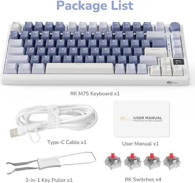 Alt view image 7 of 7 - RK ROYAL KLUDGE M75 Mechanical Keyboard 2.4GHz/Bluetooth/USB-C Wired Gaming Keyboard 75% Layout 81 Keys Gasket Mounted with OLED Smart Display & Knob, RGB Backlight Hot-Swappable Red Switch