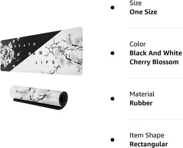 Alt view image 7 of 7 - Black and White Cherry Blossom Gaming Mouse Pad XL, Extended Stitched Edges,Large Mouse Mat Desk Pad, Long Non Slip Rubber Base Mice Pad(31.5 X 11.8 Inch)