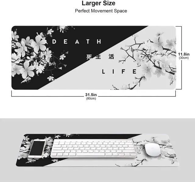 Alt view image 4 of 7 - Black and White Cherry Blossom Gaming Mouse Pad XL, Extended Stitched Edges,Large Mouse Mat Desk Pad, Long Non Slip Rubber Base Mice Pad(31.5 X 11.8 Inch)