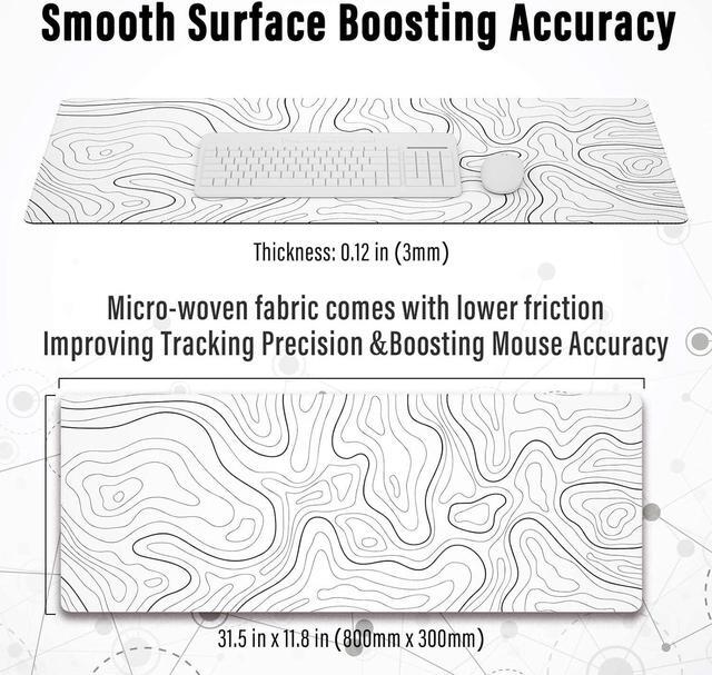 Alt view image 7 of 7 - Large Gaming Mouse Pad with Stitched Edges, Minimalist Topographic Map Desk Mat, Extended XL Mousepad with Anti-Slip Base, Cool Desk Pad for Keyboard and Mouse, 31.5 x 11.8 in, White