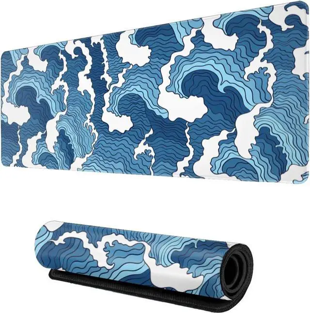 Main image of Japanese Wave Mouse Pad Blue and White Mouse Pad Gaming Large XXL Long Mousepad Extended XL Desk Mat Non-Slip Rubber Base Stitched Edges Mice Pad 31.5 X 11.8 Inch