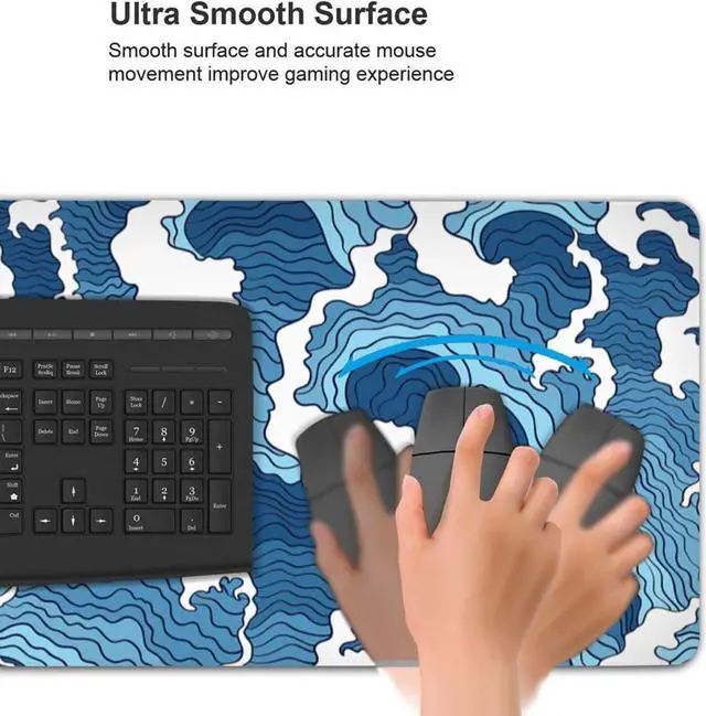 Alt view image 6 of 6 - Japanese Wave Mouse Pad Blue and White Mouse Pad Gaming Large XXL Long Mousepad Extended XL Desk Mat Non-Slip Rubber Base Stitched Edges Mice Pad 31.5 X 11.8 Inch