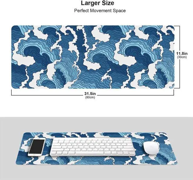 Alt view image 2 of 6 - Japanese Wave Mouse Pad Blue and White Mouse Pad Gaming Large XXL Long Mousepad Extended XL Desk Mat Non-Slip Rubber Base Stitched Edges Mice Pad 31.5 X 11.8 Inch