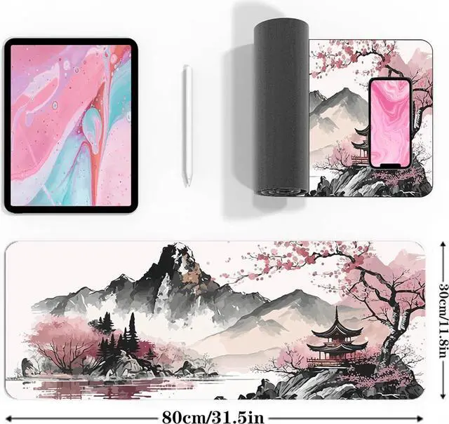 Alt view image 5 of 8 - Watercolor Cherry Blossom Large Gaming Mouse Pad,Mouse Pad Gaming 31.5 x 11.8 in Mouse Mat Desk Pad,Large Desk Mat,Extended Keyboard Mousepad with Non-Slip Base and Stitched Edge for Desk Home Office