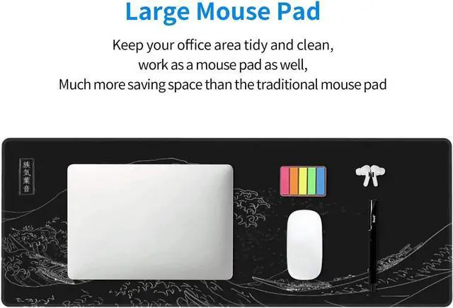 Alt view image 4 of 6 - Japanese Gaming Mouse Pad Black Mouse Pad Kanagawa Large Mousepad Non-Slip Rubber Base Waterproof with Stitched Edges for Gaming Office Home, 31.5x11.8 Inch (Black Wave)