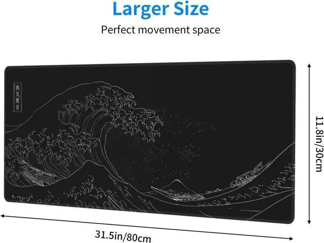 Alt view image 5 of 6 - Japanese Gaming Mouse Pad Black Mouse Pad Kanagawa Large Mousepad Non-Slip Rubber Base Waterproof with Stitched Edges for Gaming Office Home, 31.5x11.8 Inch (Black Wave)