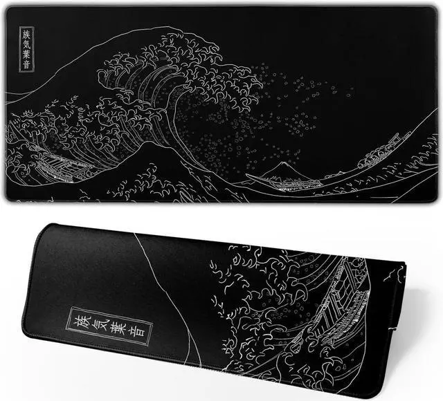 Main image of Japanese Gaming Mouse Pad Black Mouse Pad Kanagawa Large Mousepad Non-Slip Rubber Base Waterproof with Stitched Edges for Gaming Office Home, 31.5x11.8 Inch (Black Wave)