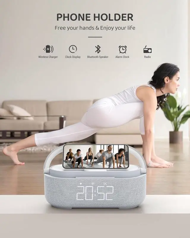 Alt view image 5 of 7 - 2023 Newest Bluetooth Speaker with Digital Alarm Clock, Wireless Charger, FM Clock Radio, Adjustable LED Night Light, Dual Wireless Speakers,2500mAh Battery for Bedroom,Home, Adaptor (Gray) From USA