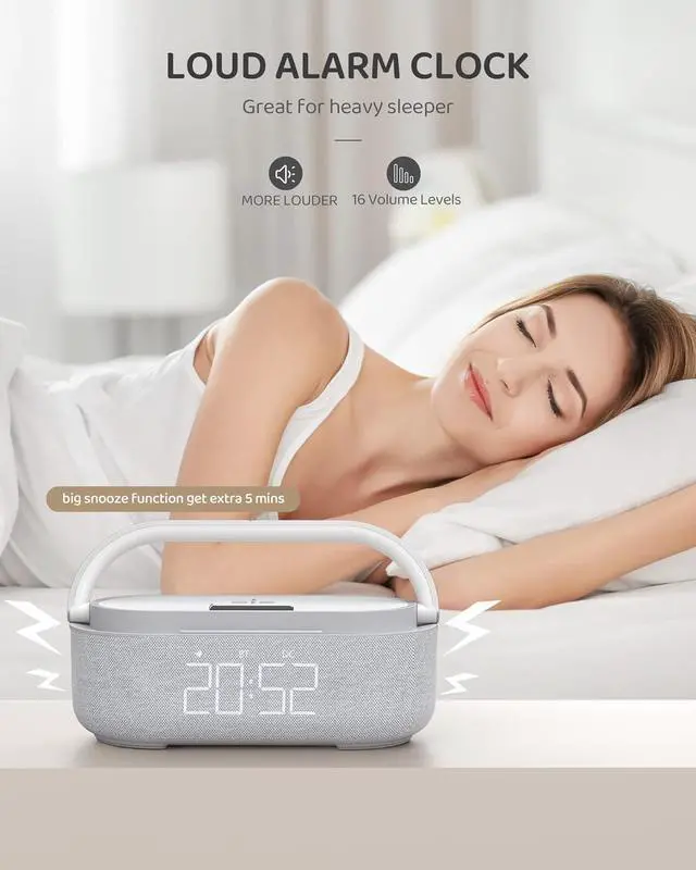 Alt view image 2 of 7 - 2023 Newest Bluetooth Speaker with Digital Alarm Clock, Wireless Charger, FM Clock Radio, Adjustable LED Night Light, Dual Wireless Speakers,2500mAh Battery for Bedroom,Home, Adaptor (Gray) From USA
