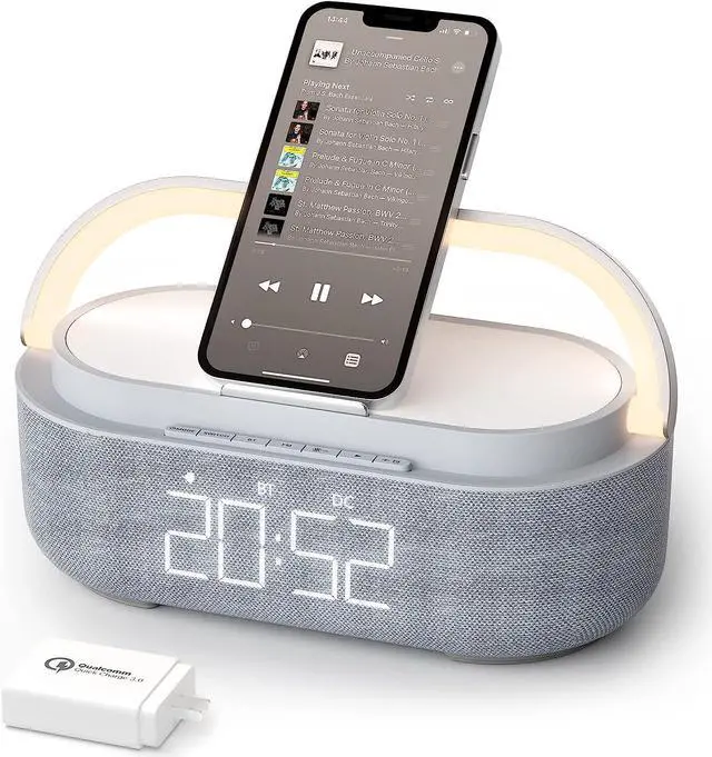 Main image of 2023 Newest Bluetooth Speaker with Digital Alarm Clock, Wireless Charger, FM Clock Radio, Adjustable LED Night Light, Dual Wireless Speakers,2500mAh Battery for Bedroom,Home, Adaptor (Gray) From USA