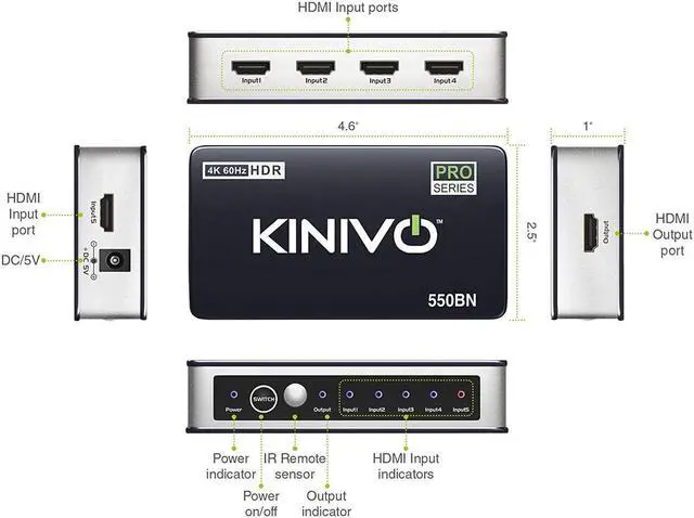 Alt view image 4 of 7 - Kinivo 550BN 4K HDMI Switch with IR Wireless Remote (5 Port 4K 60Hz HDR HDMI 2.0 High Speed-18Gbps Auto-Switching)