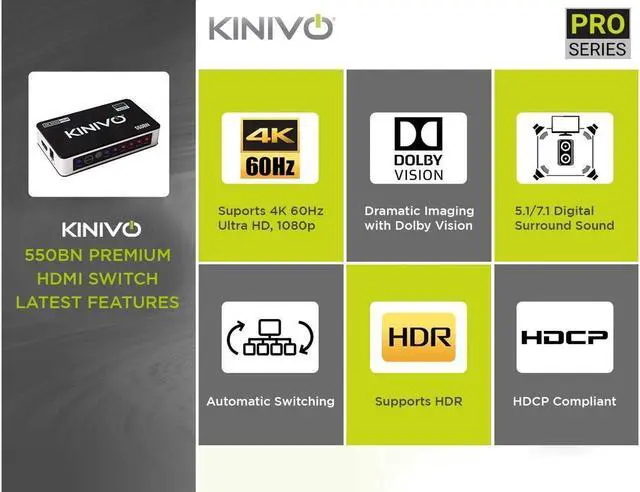 Alt view image 7 of 7 - Kinivo 550BN 4K HDMI Switch with IR Wireless Remote (5 Port 4K 60Hz HDR HDMI 2.0 High Speed-18Gbps Auto-Switching)