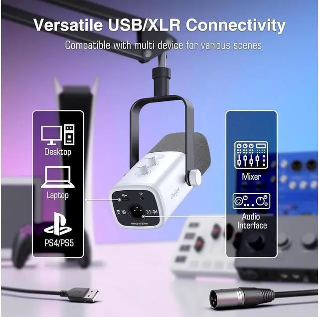 Alt view image 3 of 7 - FIFINE Gaming XLR/USB Microphone Kit, Streaming Dynamic Mic Set for PC, Computer Mic for Vocal Podcast Recording Voiceover, with Headphones Jack, Gain Knob, Arm Stand-AmpliGame AM8T White