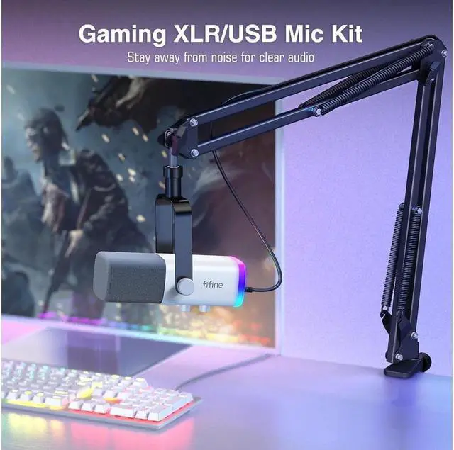 Alt view image 2 of 7 - FIFINE Gaming XLR/USB Microphone Kit, Streaming Dynamic Mic Set for PC, Computer Mic for Vocal Podcast Recording Voiceover, with Headphones Jack, Gain Knob, Arm Stand-AmpliGame AM8T White