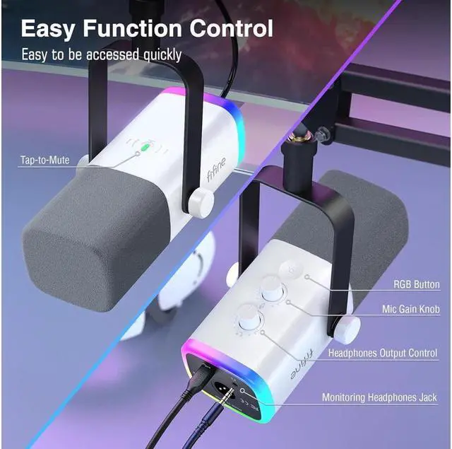 Alt view image 6 of 7 - FIFINE Gaming XLR/USB Microphone Kit, Streaming Dynamic Mic Set for PC, Computer Mic for Vocal Podcast Recording Voiceover, with Headphones Jack, Gain Knob, Arm Stand-AmpliGame AM8T White