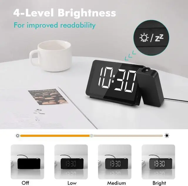 Alt view image 5 of 7 - DR.PREPARE Projection Alarm Clock, Digital Clock Radio with 360° Projector, FM Radio, 4 Brightness Options, Dual Alarms, 12 / 24H, Sleep Timer, Projection Clock for Bedroom Office with USB Port