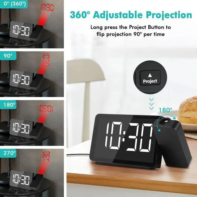 Alt view image 3 of 7 - DR.PREPARE Projection Alarm Clock, Digital Clock Radio with 360° Projector, FM Radio, 4 Brightness Options, Dual Alarms, 12 / 24H, Sleep Timer, Projection Clock for Bedroom Office with USB Port