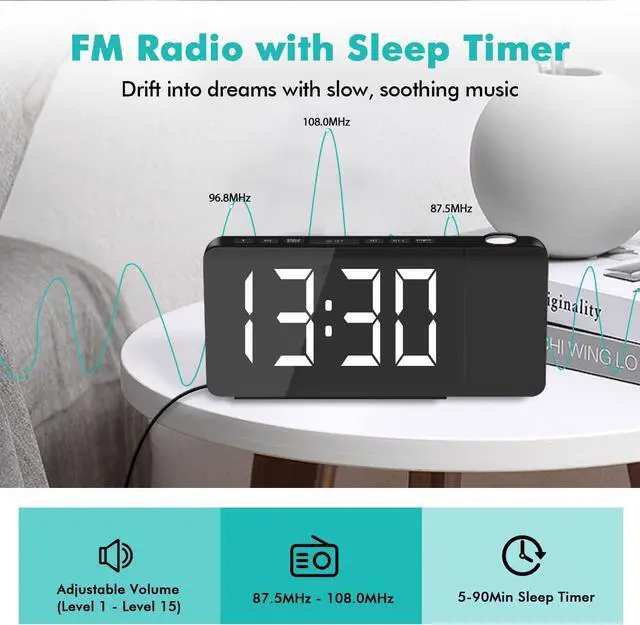 Alt view image 4 of 7 - DR.PREPARE Projection Alarm Clock, Digital Clock Radio with 360° Projector, FM Radio, 4 Brightness Options, Dual Alarms, 12 / 24H, Sleep Timer, Projection Clock for Bedroom Office with USB Port