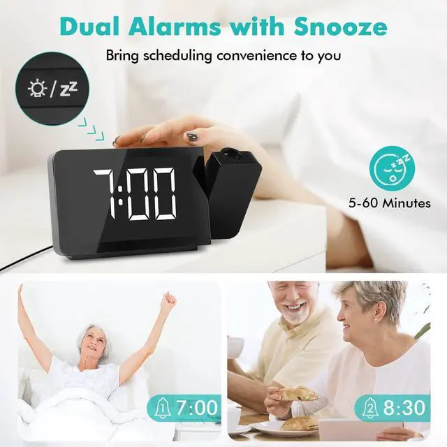 Alt view image 2 of 7 - DR.PREPARE Projection Alarm Clock, Digital Clock Radio with 360° Projector, FM Radio, 4 Brightness Options, Dual Alarms, 12 / 24H, Sleep Timer, Projection Clock for Bedroom Office with USB Port