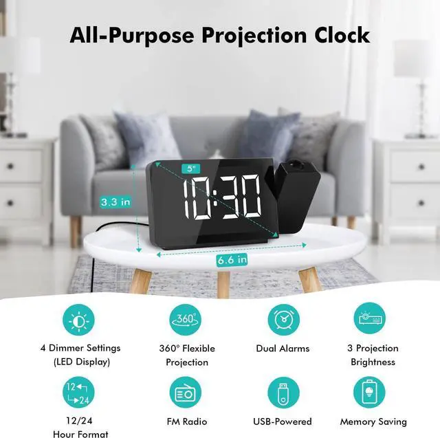 Alt view image 7 of 7 - DR.PREPARE Projection Alarm Clock, Digital Clock Radio with 360° Projector, FM Radio, 4 Brightness Options, Dual Alarms, 12 / 24H, Sleep Timer, Projection Clock for Bedroom Office with USB Port