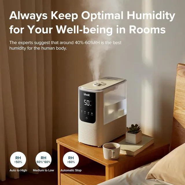 Alt view image 2 of 7 - LEVOIT Humidifiers for Bedroom Home, Smart Warm and Cool Mist Air Humidifier for Large Room, Auto Customized Humidity, Fast Symptom Relief, Easy Top Fill, Essential Oil, Quiet, OasisMist4.5L, White