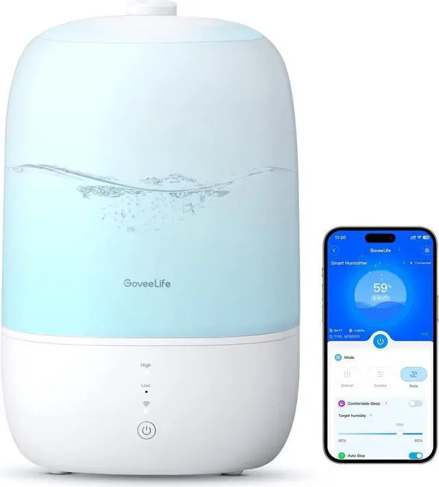 Main image of GoveeLife Smart Humidifiers for Bedroom, 3L Top Fill Cool Mist Humidifiers with Essential Oil Diffuser, Humidity Control, WiFi Air Humidifier with Night Light, for Baby, Plants, Home, Work with Alexa