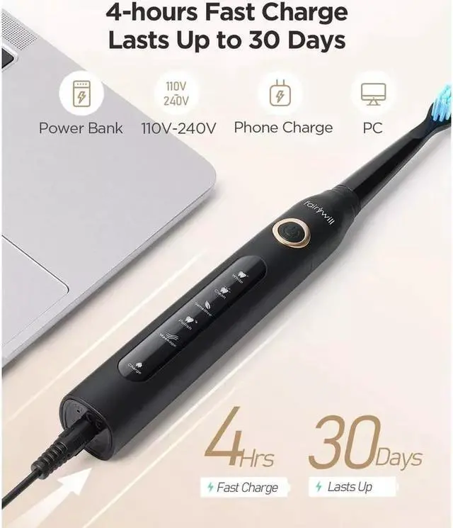 Alt view image 3 of 6 - Fairywill D7 Electric Toothbrush with 4 Brush Heads in Black New