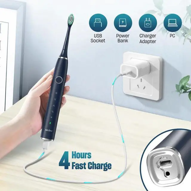 Alt view image 6 of 7 - SEJOY Sonic Electric Toothbrush 5Modes 8Brush Heads with Travel case USB Charge