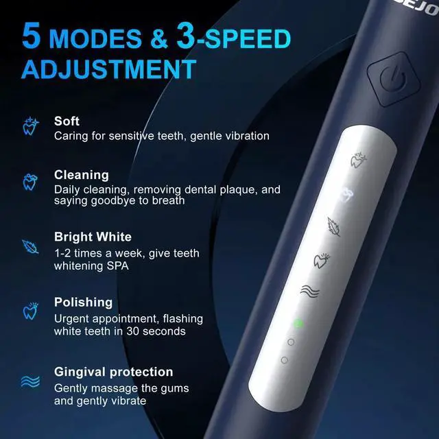 Alt view image 6 of 7 - SEJOY Sonic Electric Toothbrush Rechargeable Travel Case 5 Modes 10 Brush Heads