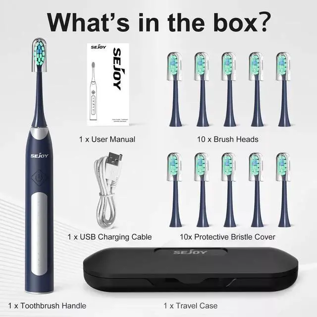 Alt view image 7 of 7 - SEJOY Sonic Electric Toothbrush Rechargeable Travel Case 5 Modes 10 Brush Heads