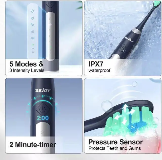 Alt view image 3 of 7 - SEJOY Sonic Electric Toothbrush Rechargeable Travel Case 5 Modes 10 Brush Heads