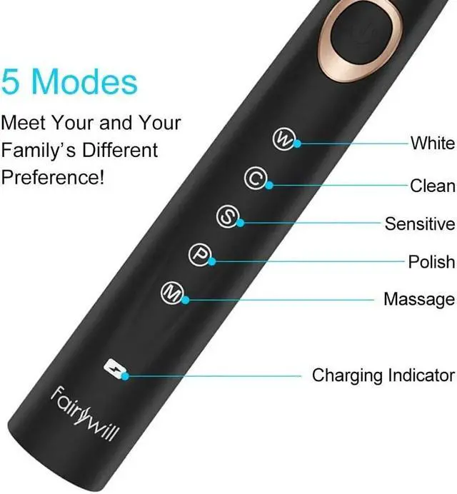 Alt view image 6 of 7 - Fairywill Sonic Electric Toothbrush Rechargeable Brush Heads USB Charger 5 Modes