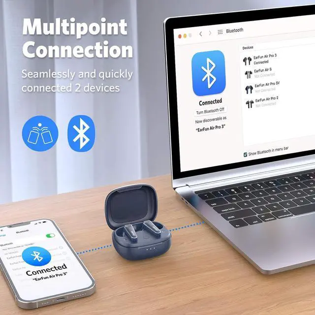 Alt view image 5 of 7 - EarFun Air Pro 3 Noise Cancelling Wireless Earbuds, Qualcomm® aptX Adaptive Sound, 6 Mics CVC 8.0 ENC, Bluetooth 5.3 Earbuds, Multipoint Connection, 45H Playtime, App Customize EQ, Wireless Charging