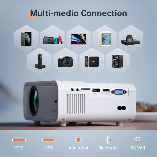 Alt view image 2 of 6 - Mini Projector with 5G WiFi and Bluetooth W/ Tripod & Bag, ALVAR 9000 Lumens Portable Outdoor Movie Projector 240" Display & 1080P Supported, Compatible with TV Stick/HDMI/VGA/USB/iOS & Android
