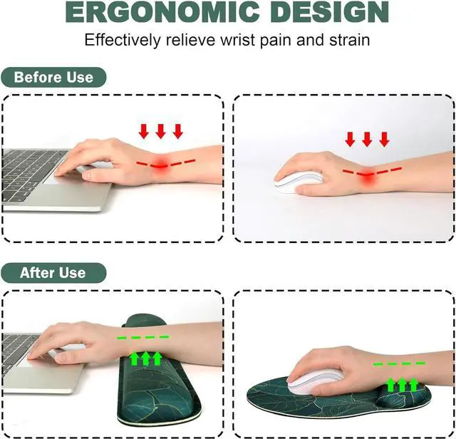 Alt view image 5 of 7 - Ergonomic Mouse Pad with Wrist Rest and Keyboard Wrist Rest, Memory Foam Wrist Rest for Computer Keyboard, Easy Typing, Pain Relief, Mouse Pad Wrist Support for Gaming, Office, Laptop, Green Leaves