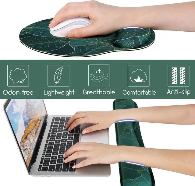 Alt view image 6 of 7 - Ergonomic Mouse Pad with Wrist Rest and Keyboard Wrist Rest, Memory Foam Wrist Rest for Computer Keyboard, Easy Typing, Pain Relief, Mouse Pad Wrist Support for Gaming, Office, Laptop, Green Leaves