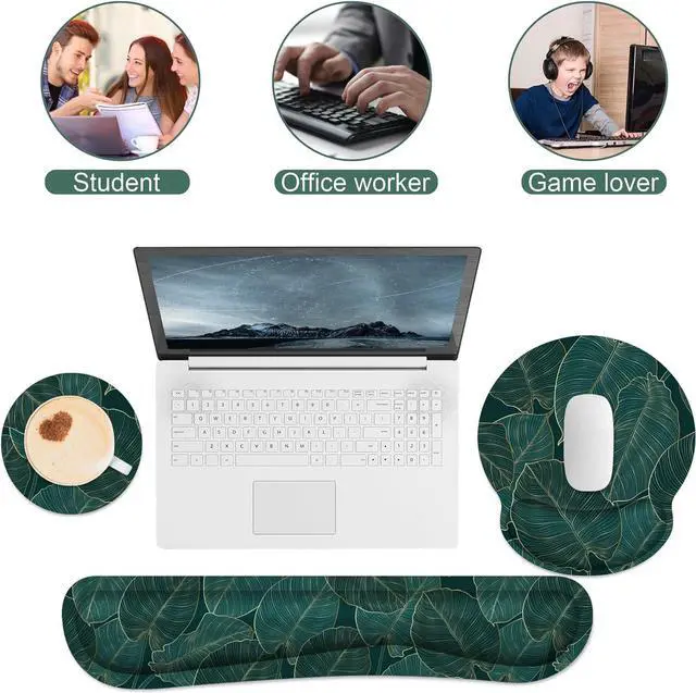 Alt view image 4 of 7 - Ergonomic Mouse Pad with Wrist Rest and Keyboard Wrist Rest, Memory Foam Wrist Rest for Computer Keyboard, Easy Typing, Pain Relief, Mouse Pad Wrist Support for Gaming, Office, Laptop, Green Leaves