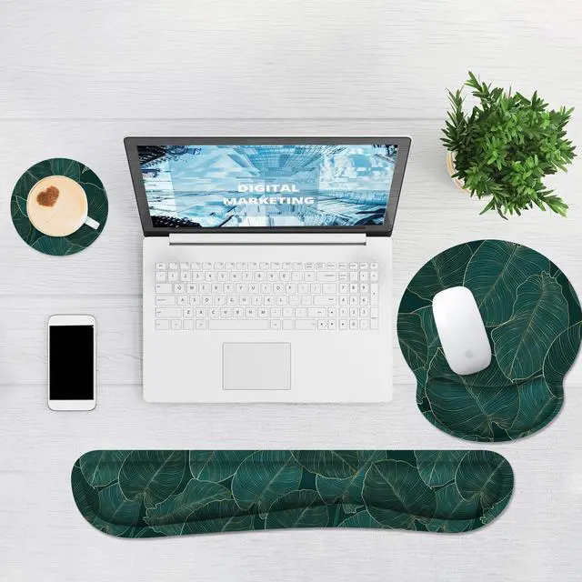 Alt view image 2 of 7 - Ergonomic Mouse Pad with Wrist Rest and Keyboard Wrist Rest, Memory Foam Wrist Rest for Computer Keyboard, Easy Typing, Pain Relief, Mouse Pad Wrist Support for Gaming, Office, Laptop, Green Leaves