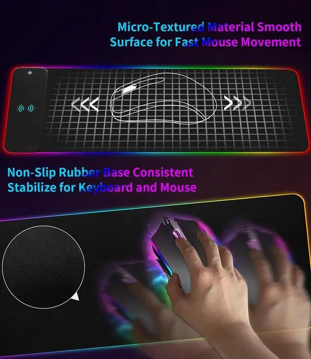 Alt view image 4 of 7 - RGB Gaming Mouse Pad with 15W Wireless Qi Charging, LED Mouse Mat 800x300x4mm, 8 Light Modes Extra Large Mousepad Non-Slip Rubber Base Computer Keyboard Mat for Gaming, MacBook, PC, Laptop, Desk