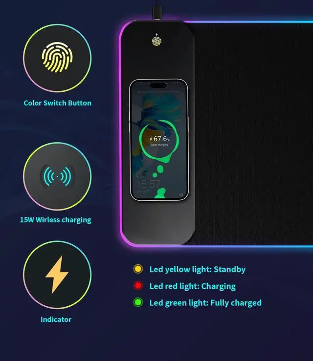 Alt view image 7 of 7 - RGB Gaming Mouse Pad with 15W Wireless Qi Charging, LED Mouse Mat 800x300x4mm, 8 Light Modes Extra Large Mousepad Non-Slip Rubber Base Computer Keyboard Mat for Gaming, MacBook, PC, Laptop, Desk