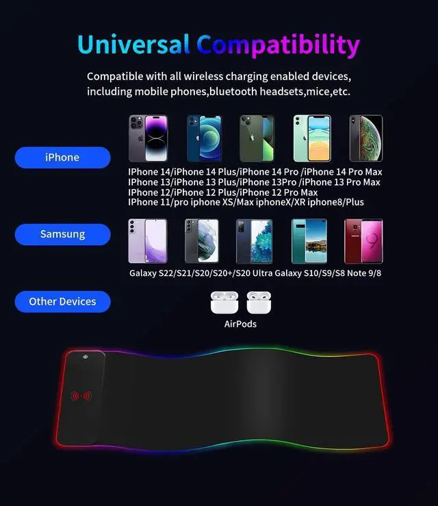Alt view image 6 of 7 - RGB Gaming Mouse Pad with 15W Wireless Qi Charging, LED Mouse Mat 800x300x4mm, 8 Light Modes Extra Large Mousepad Non-Slip Rubber Base Computer Keyboard Mat for Gaming, MacBook, PC, Laptop, Desk