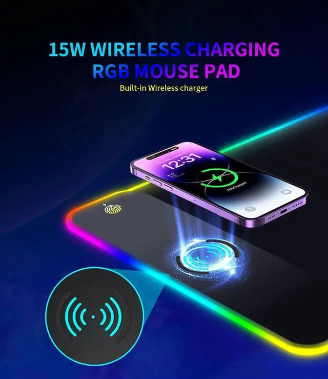 Alt view image 2 of 7 - RGB Gaming Mouse Pad with 15W Wireless Qi Charging, LED Mouse Mat 800x300x4mm, 8 Light Modes Extra Large Mousepad Non-Slip Rubber Base Computer Keyboard Mat for Gaming, MacBook, PC, Laptop, Desk